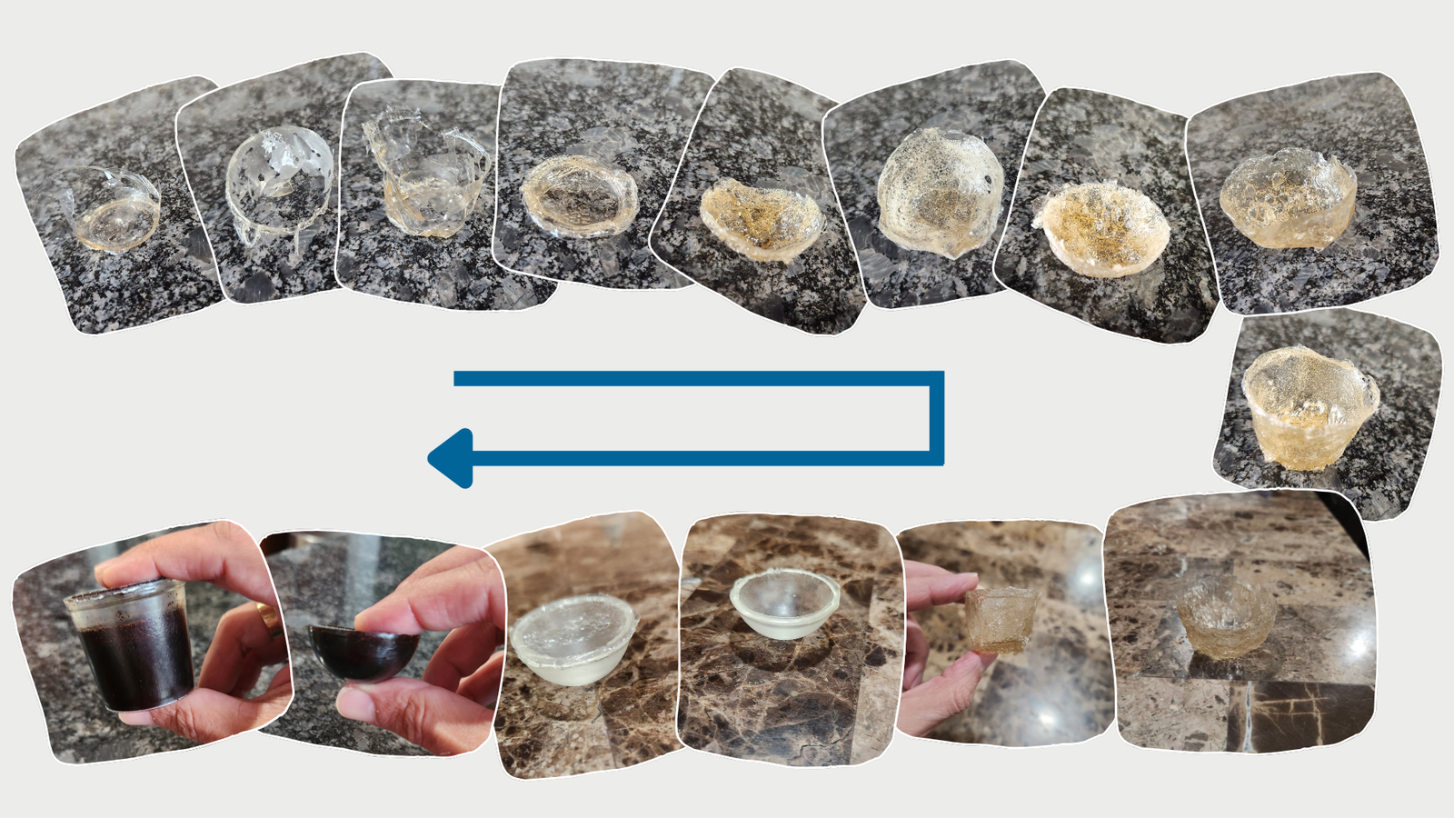 Fifteen cast pod shells photographed in sequence, from a thin clear film through rigid amber cups to a finished pod holding brewed coffee